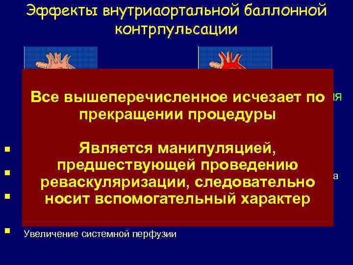 Эффекты внутриаортальной баллонной контрпульсации Инфляция Дефляция Все вышеперечисленное исчезает по прекращении процедуры § §