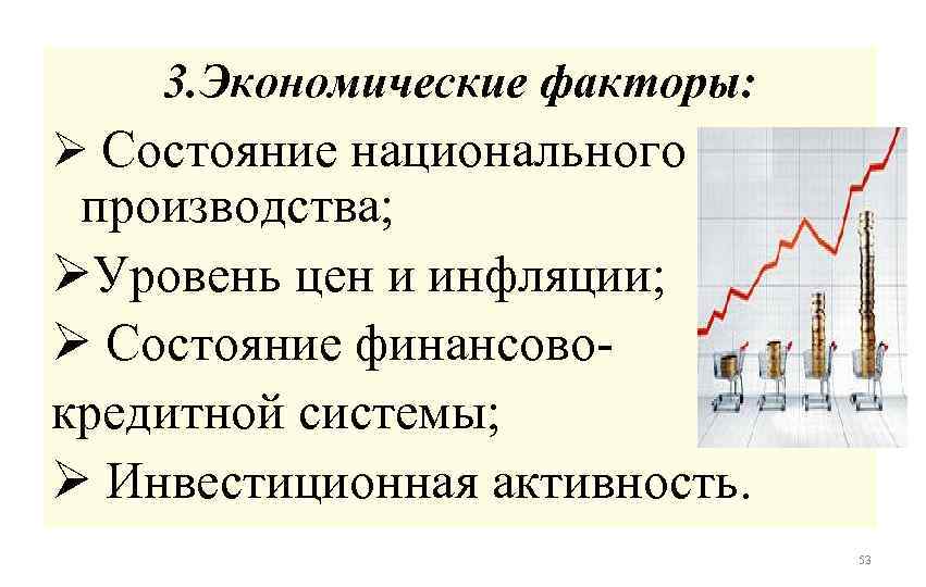 3. Экономические факторы: Ø Состояние национального производства; ØУровень цен и инфляции; Ø Состояние финансовокредитной