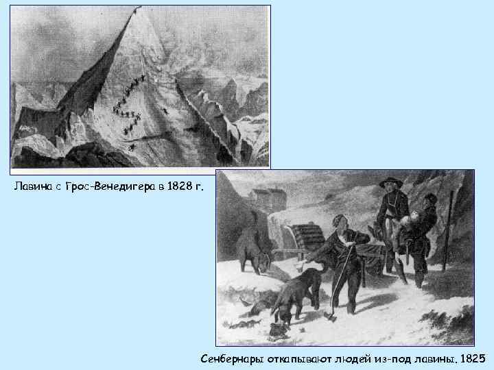 Лавина с Грос-Венедигера в 1828 г. Сенбернары откапывают людей из-под лавины. 1825 