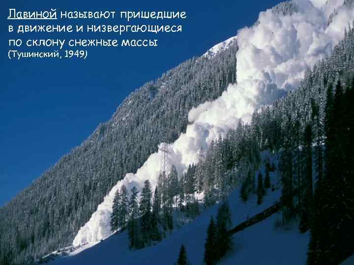 Лавиной называют пришедшие в движение и низвергающиеся по склону снежные массы (Тушинский, 1949) 