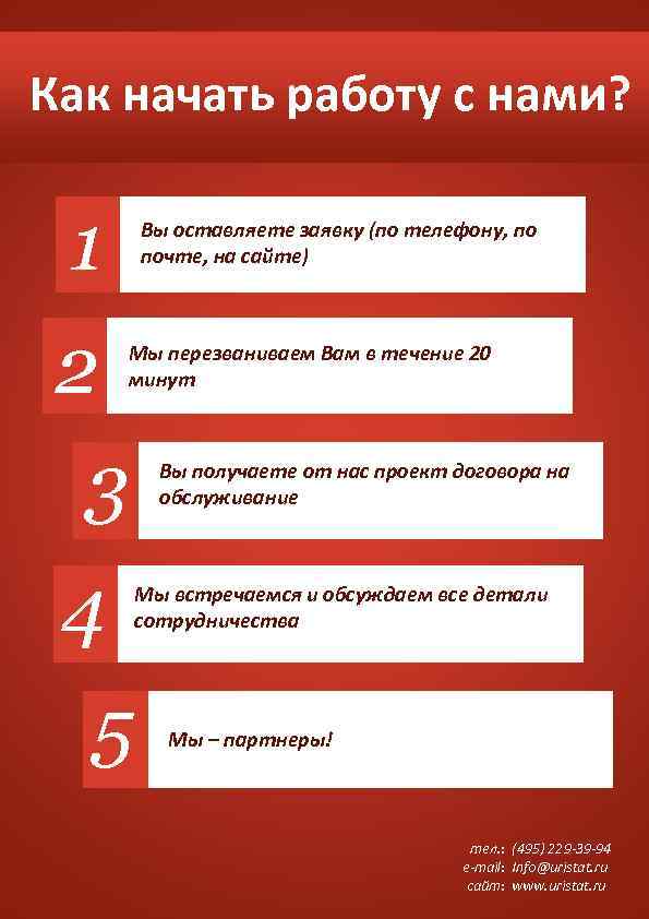 Как начать работу с нами? 1 2 3 Вы оставляете заявку (по телефону, по