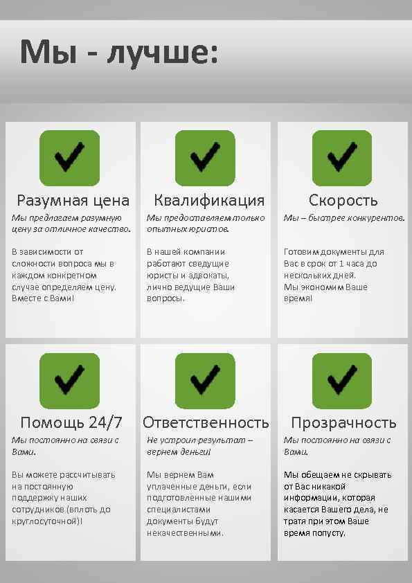 Мы - лучше: Разумная цена Квалификация Мы предлагаем разумную цену за отличное качество. Мы