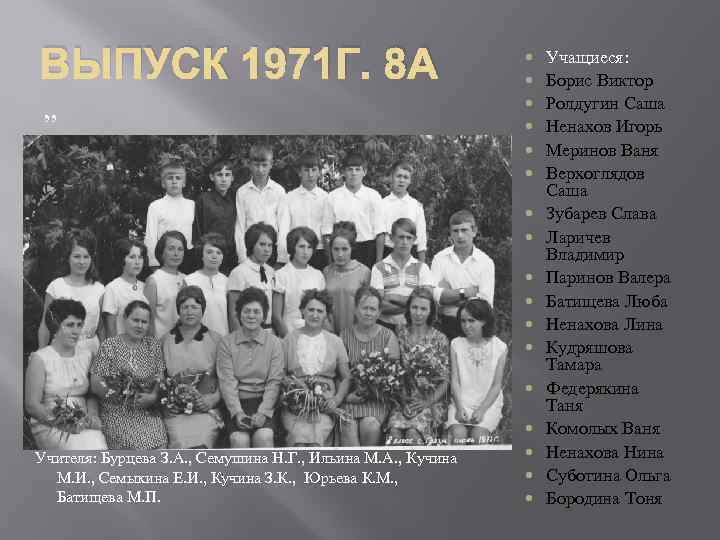 ВЫПУСК 1971 Г. 8 А , , Учителя: Бурцева З. А. , Семушина Н.