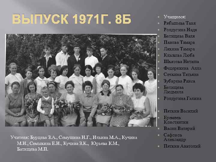 ВЫПУСК 1971 Г. 8 Б , , Учащиеся: Рябышева Таня Ролдугина Надя Батищева Валя