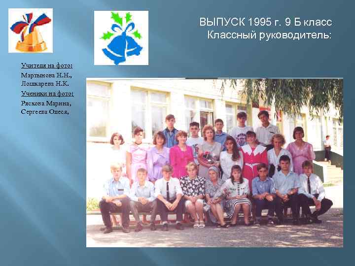 ВЫПУСК 1995 г. 9 Б класс Классный руководитель: Учителя на фото: Мартынова Н. Н.