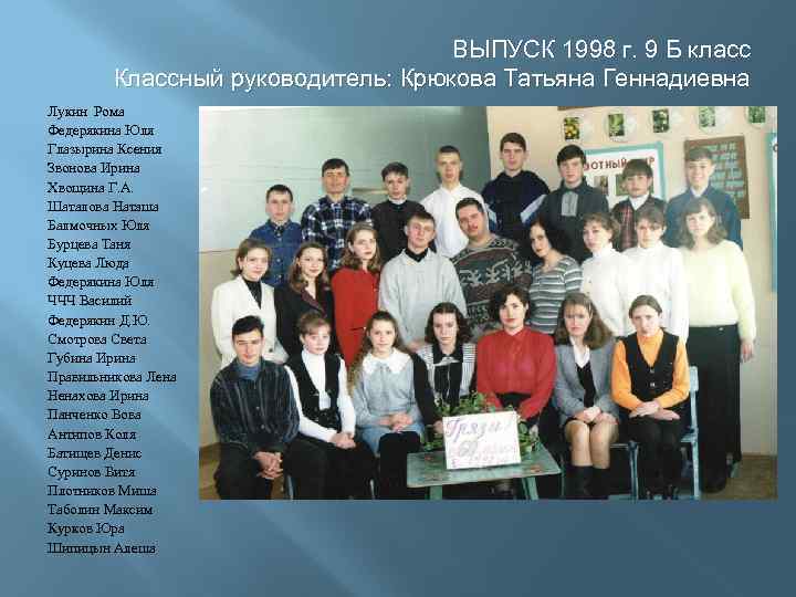 ВЫПУСК 1998 г. 9 Б класс Классный руководитель: Крюкова Татьяна Геннадиевна Лукин Рома Федерякина