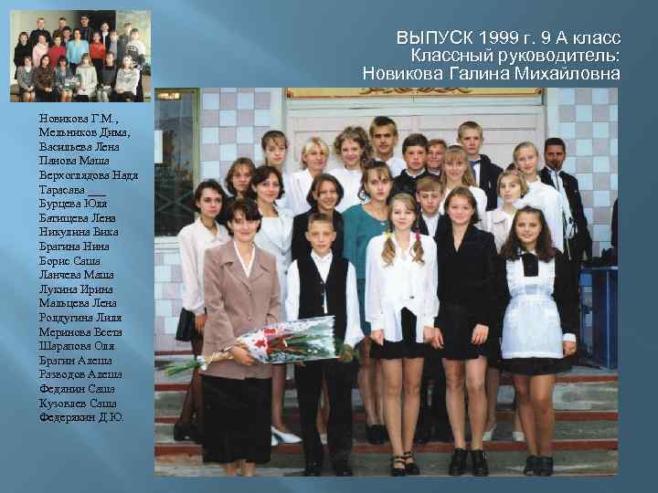 ВЫПУСК 1999 г. 9 А класс Классный руководитель: Новикова Галина Михайловна Новикова Г. М.