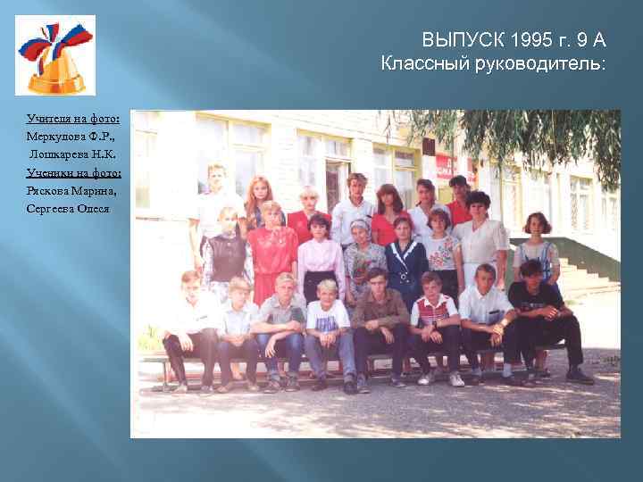 ВЫПУСК 1995 г. 9 А Классный руководитель: Учителя на фото: Меркулова Ф. Р. ,