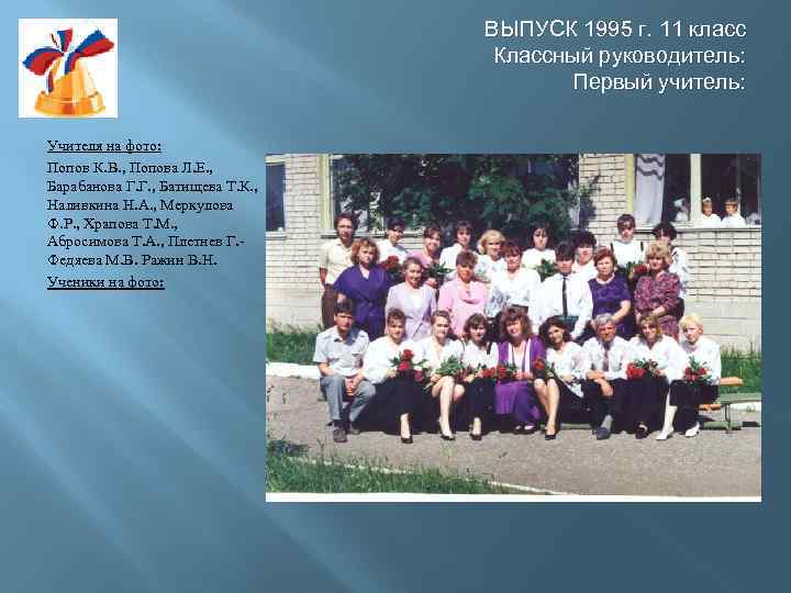 ВЫПУСК 1995 г. 11 класс Классный руководитель: Первый учитель: Учителя на фото: Попов К.