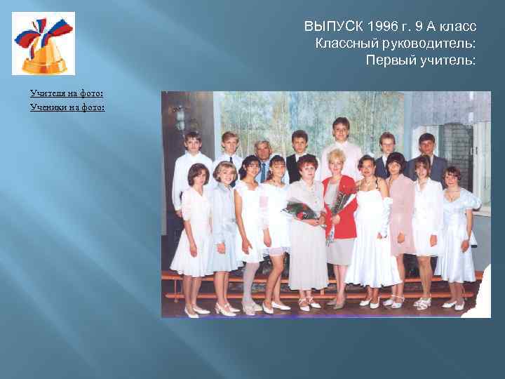 ВЫПУСК 1996 г. 9 А класс Классный руководитель: Первый учитель: Учителя на фото: Ученики