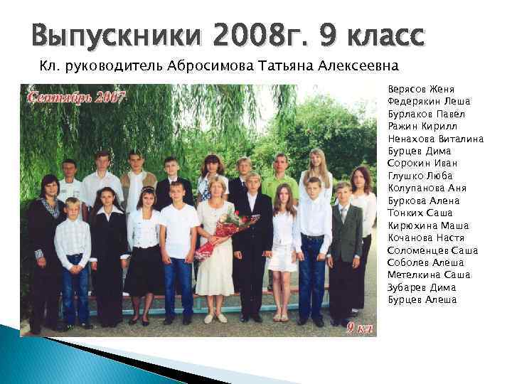 Выпускники 2008 г. 9 класс Кл. руководитель Абросимова Татьяна Алексеевна Верясов Женя Федерякин Леша