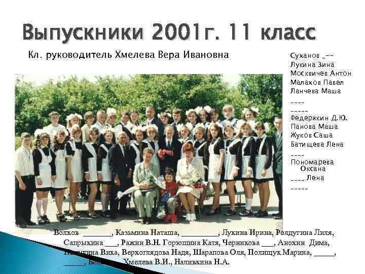 Выпускники 2001 г. 11 класс Кл. руководитель Хмелева Вера Ивановна Суханов _-Лукина Зина Москвичев