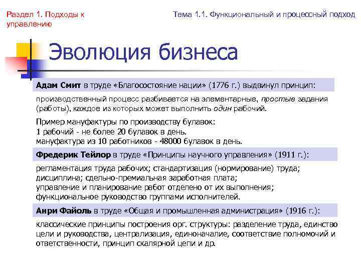 Раздел 1. Подходы к управлению Тема 1. 1. Функциональный и процессный подход Эволюция бизнеса