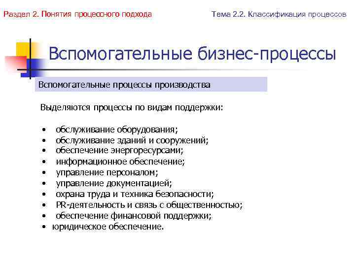Раздел 2. Понятия процессного подхода Тема 2. 2. Классификация процессов Вспомогательные бизнес-процессы Вспомогательные процессы