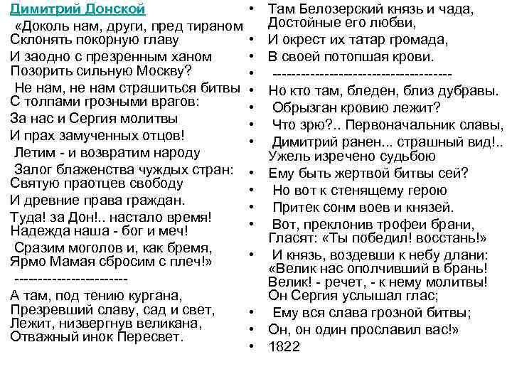 Димитрий Донской • «Доколь нам, други, пред тираном Склонять покорную главу • И заодно