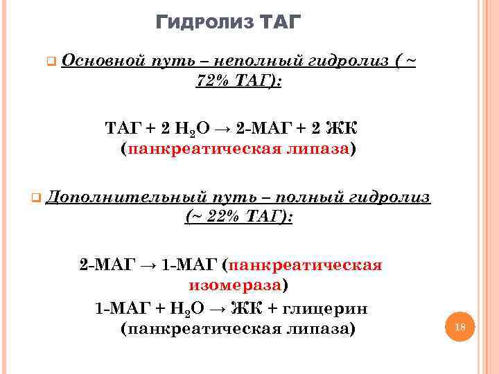 ГИДРОЛИЗ ТАГ q Основной путь – неполный гидролиз ( ~ 72% ТАГ): ТАГ +