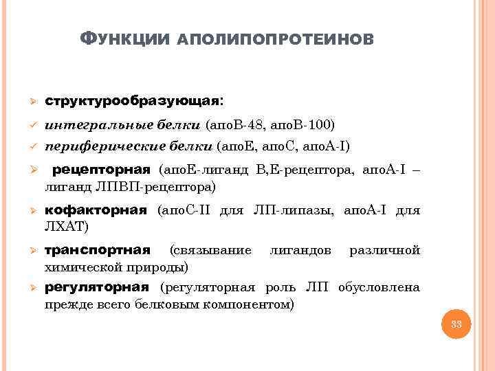 ФУНКЦИИ АПОЛИПОПРОТЕИНОВ Ø структурообразующая: ü интегральные белки (апо. В-48, апо. В-100) ü периферические белки