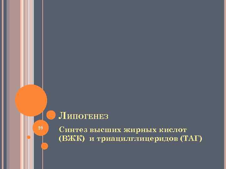 ЛИПОГЕНЕЗ 39 Синтез высших жирных кислот (ВЖК) и триацилглицеридов (ТАГ) 