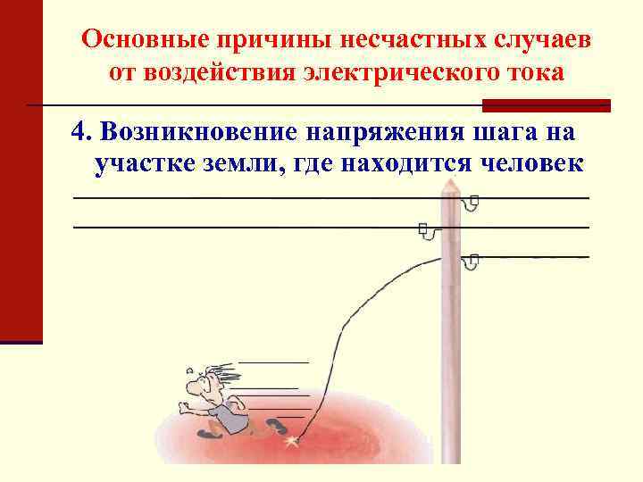 Основные причины несчастных случаев от воздействия электрического тока 4. Возникновение напряжения шага на участке