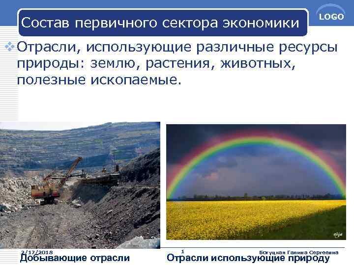 Состав первичного сектора экономики LOGO v Отрасли, использующие различные ресурсы природы: землю, растения, животных,