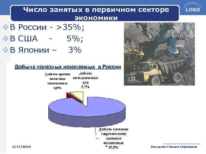Число занятых в первичном секторе экономики LOGO v В России - >35%; v В