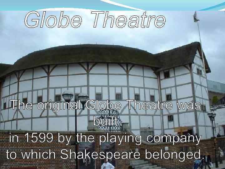 Globe Theatre The original Globe Theatre was built in 1599 by the playing company