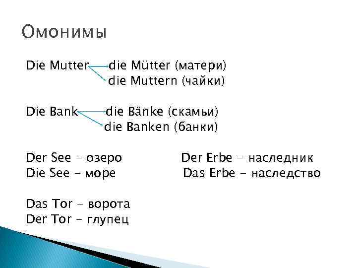 Омонимы Die Mutter Die Bank die Mütter (матери) die Muttern (чайки) die Bänke (скамьи)