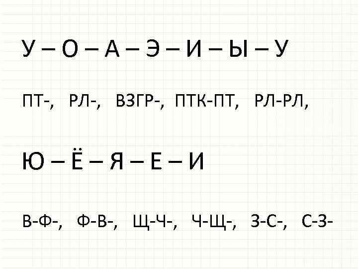 У–О–А–Э–И–Ы–У ПТ-, РЛ-, ВЗГР-, ПТК-ПТ, РЛ-РЛ, Ю–Ё–Я–Е–И В-Ф-, Ф-В-, Щ-Ч-, Ч-Щ-, З-С-, С-З- 