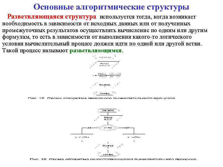 Основные алгоритмические структуры Разветвляющаяся структура используется тогда, когда возникает необходимость в зависимости от исходных