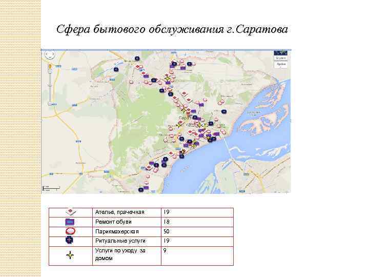 Сфера бытового обслуживания г. Саратова Ателье, прачечная 19 Ремонт обуви 18 Парикмахерская 50 Ритуальные