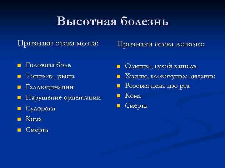 Высотная болезнь Признаки отека мозга: n n n n Головная боль Тошнота, рвота Галлюцинации