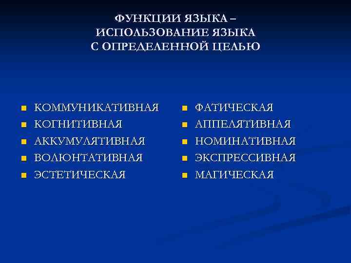 ФУНКЦИИ ЯЗЫКА – ИСПОЛЬЗОВАНИЕ ЯЗЫКА С ОПРЕДЕЛЕННОЙ ЦЕЛЬЮ n n n КОММУНИКАТИВНАЯ КОГНИТИВНАЯ АККУМУЛЯТИВНАЯ