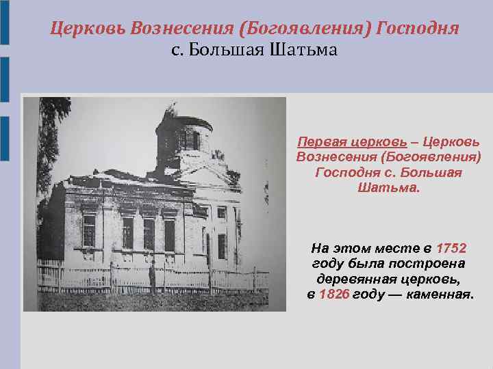 Церковь Вознесения (Богоявления) Господня с. Большая Шатьма Первая церковь – Церковь Вознесения (Богоявления) Господня
