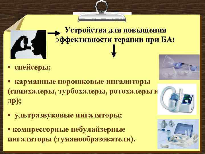 Устройства для повышения эффективности терапии при БА: • спейсеры; • карманные порошковые ингаляторы (спинхалеры,