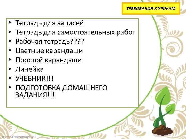 ТРЕБОВАНИЯ К УРОКАМ • • Тетрадь для записей Тетрадь для самостоятельных работ Рабочая тетрадь?