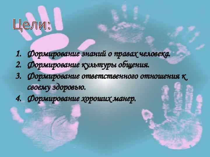 Цели: 1. Формирование знаний о правах человека. 2. Формирование культуры общения. 3. Формирование ответственного
