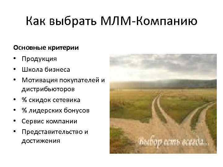 Как выбрать МЛМ-Компанию Основные критерии • Продукция • Школа бизнеса • Мотивация покупателей и