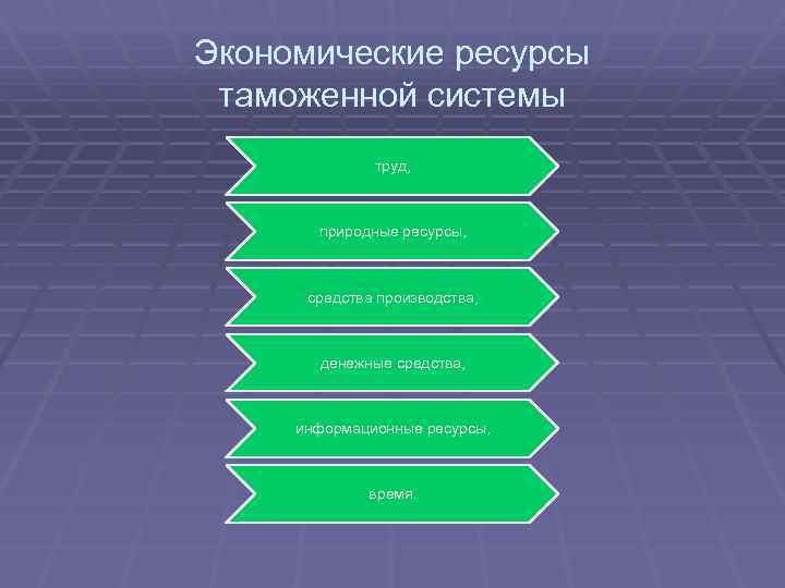 Экономические ресурсы таможенной системы труд, природные ресурсы, средства производства, денежные средства, информационные ресурсы, время.