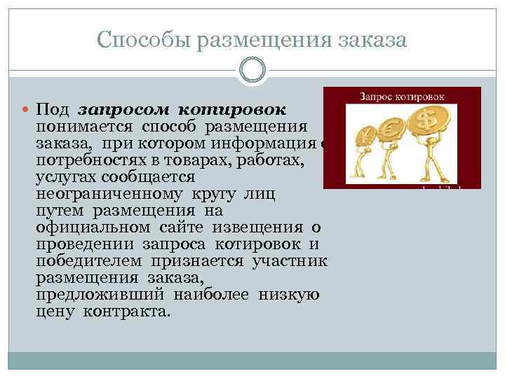 Способы размещения заказа Под запросом котировок понимается способ размещения заказа, при котором информация о