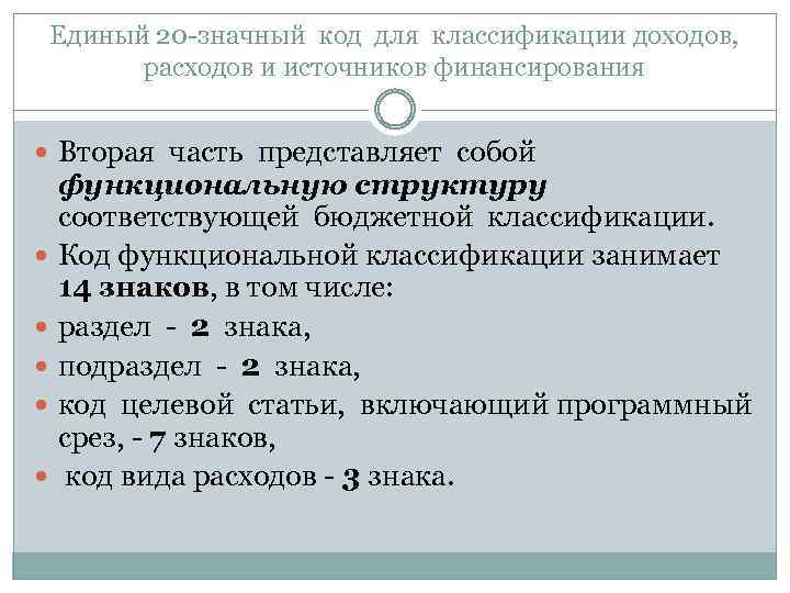 Единый 20 -значный код для классификации доходов, расходов и источников финансирования Вторая часть представляет