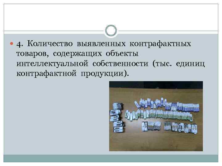  4. Количество выявленных контрафактных товаров, содержащих объекты интеллектуальной собственности (тыс. единиц контрафактной продукции).