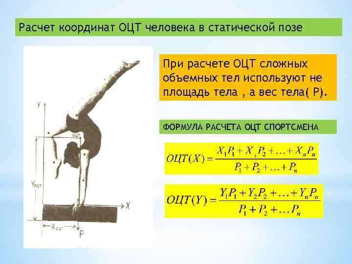 Расчет координат ОЦТ человека в статической позе При расчете ОЦТ сложных объемных тел используют