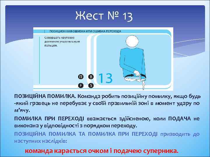 Жест № 13 ПОЗИЦІЙНА ПОМИЛКА. Команда робить позиційну помилку, якщо будь -який гравець не