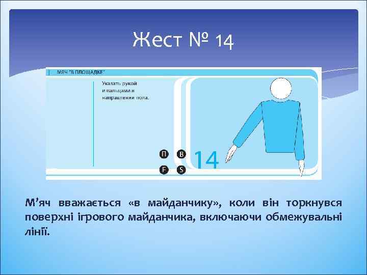 Жест № 14 М’яч вважається «в майданчику» , коли він торкнувся поверхні ігрового майданчика,