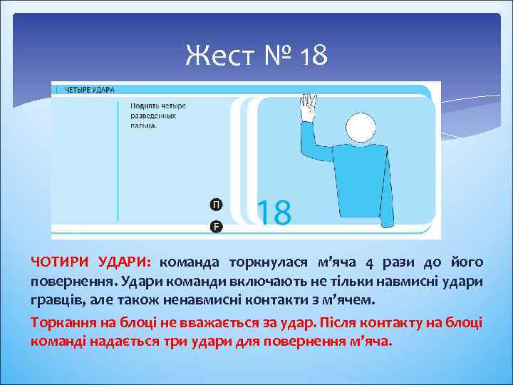 Жест № 18 ЧОТИРИ УДАРИ: команда торкнулася м’яча 4 рази до його повернення. Удари