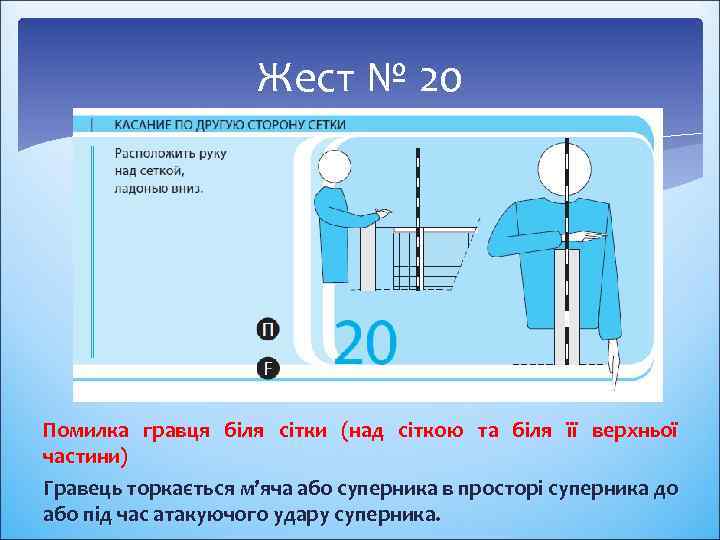 Жест № 20 Помилка гравця біля сітки (над сіткою та біля її верхньої частини)