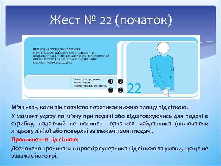 Жест № 22 (початок) М'яч «за» , коли він повністю перетинає нижню площу під