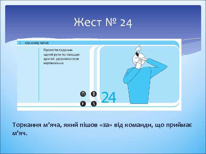 Жест № 24 Торкання м’яча, який пішов «за» від команди, що приймає м’яч. 