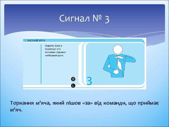 Сигнал № 3 Торкання м’яча, який пішов «за» від команди, що приймає м’яч. 