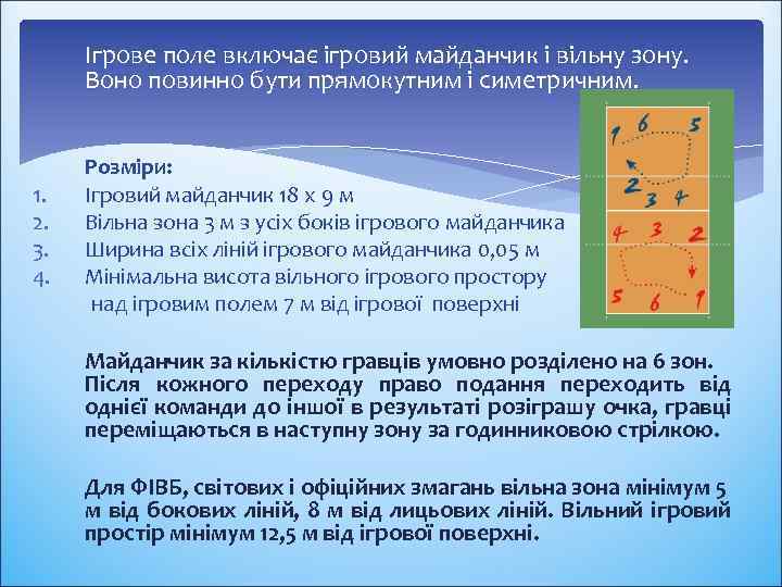 Ігрове поле включає ігровий майданчик і вільну зону. Воно повинно бути прямокутним і симетричним.